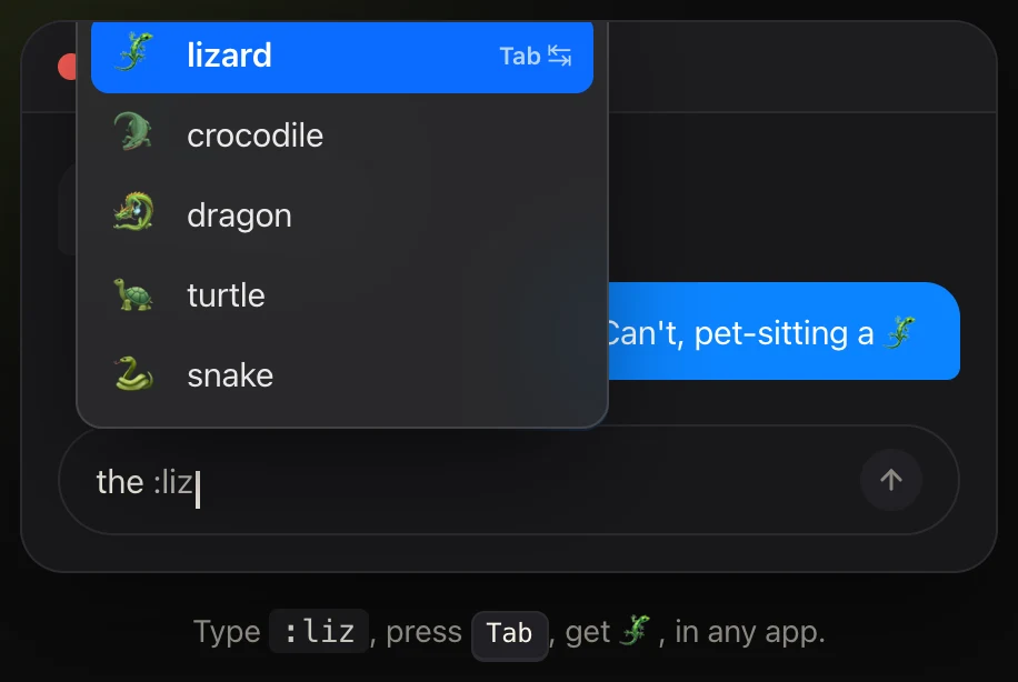 Comoji’s colon autocomplete popover suggesting lizard, crocodile, dragon, turtle and snake after typing :liz in Messages